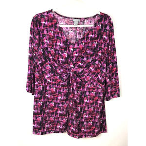 Catherines Pink Print Tunic Top Twist Knot Front 3/4 Sleeve Knit Stretch Size 3X